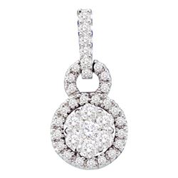 1/2 CTW Womens Round Diamond Circle Frame Flower Cluster Pendant 14kt White Gold - REF-45H2R