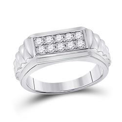 1/2 CTW Mens Round Diamond Ribbed Flat Top Band Ring 10kt White Gold - REF-63A5M