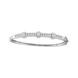 1 & 3/4 CTW Womens Round Diamond Flower Cluster Bangle Bracelet 14kt White Gold - REF-184M3F