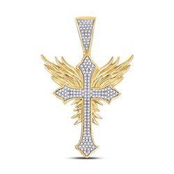 1/2 CTW Mens Round Diamond Gothic Cross Blaze Wings Charm Pendant 10kt Yellow Gold - REF-61M4F