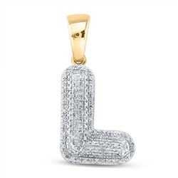 3/8 CTW Mens Round Diamond Bubble L Letter Charm Pendant 10kt Yellow Gold - REF-32N7A