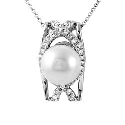 9.99 CTW Pearl & Diamond Necklace 18K White Gold - REF-96M9F