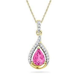 1 & 5/8 CTW Womens Pear Lab-Created Pink Sapphire Solitaire Diamond Pendant 10kt Yellow Gold - REF-1