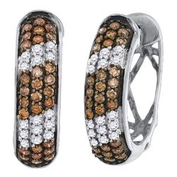 1 CTW Womens Round Brown Diamond Hoop Earrings 10kt White Gold - REF-58N5A
