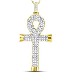 7/8 CTW Mens Round Diamond Ankh Cross Charm Pendant 10kt Yellow Gold - REF-71A6M