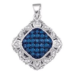 1/2 CTW Womens Round Blue Color Enhanced Diamond Square Pendant 10kt White Gold - REF-27Y3N