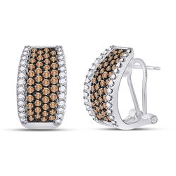 1 & 1/2 CTW Womens Round Brown Diamond French-Clip Hoop Earrings 14kt White Gold - REF-115N8A