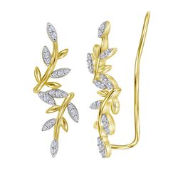 1/5 CTW Womens Round Diamond Floral Climber Earrings 10kt Yellow Gold - REF-30F7W