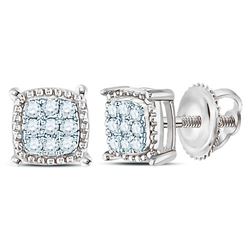 1/10 CTW Mens Round Diamond Square Milgrain Cluster Earrings 10kt White Gold - REF-10W9H