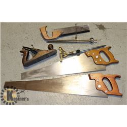 VINTAGE TOOLS, INCLUDING PLANE AND 2 HAND SAW
