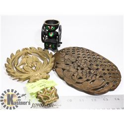 TWO CAST IRON TRIVETS AND A MINIATURE MILL