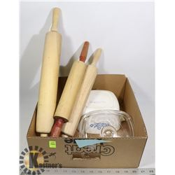 ESTATE BOX OF KITCHEN ITEMS INCLUDING ROLLING PINS
