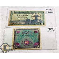 USA AND FRANCE MILITARY 5 CENTS & 10 FRANCS
