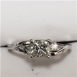 81) 14KT WHITE GOLD FANCY CUT DIAMOND RING. SIZE 6