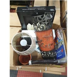 BOX W/HOUSEHOLD ITEMS INCL. LAMP, WALL