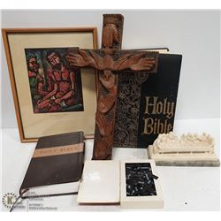 LARGE FLAT WITH 2 BIBLES, LARGE WOOD