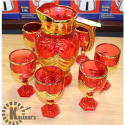 RED ART GLASS PITCHER AND GLASSES SET