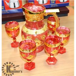 PINK ART GLASS PITCHER & GLASSES SET