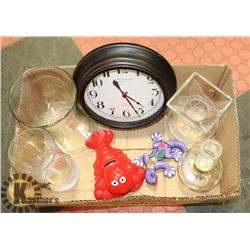 HOME DÉCOR LOT INCLUDES CLOCK, VASES & ORNAMENTS