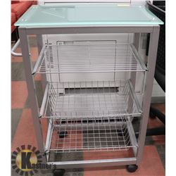 "ROLLING TOWEL RACK, 2 BASKETS AND SLIDING SHELF