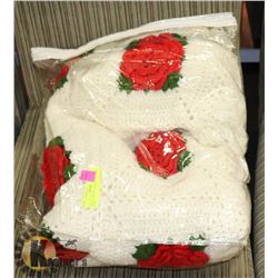 WHITE CROCHET AFGHAN WITH RED ROSES