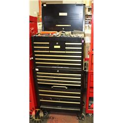 BLACK CRAFTSMAN TOOL BOX WITH CONTENTS. TOOLS