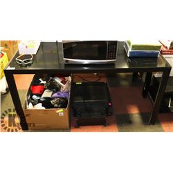 PAIR OF BLACK GLASS TOPPED TABLES, PAINT ON BOTTOM