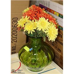 DECORATIVE GREEN GLASS VASE WITH FLOWERS