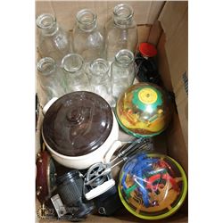 ANTIQUE MIXER, MILK BOTTLES, HUMIDITY METER,