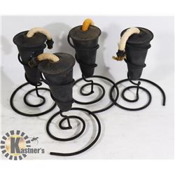 4 PC SET OF OIL BURNERS ON IRON STANDS