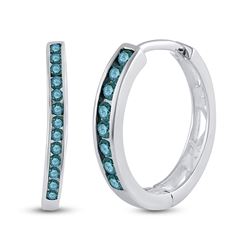 1/4 CTW Womens Round Blue Color Enhanced Diamond Hoop Earrings 10kt White Gold - REF-17A6M