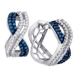 1 CTW Womens Round Blue Color Enhanced Diamond Hoop Earrings 10kt White Gold - REF-54M5F