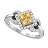 Image 1 : 3/4 CTW Womens Round Yellow Diamond Offset Square Ring 14kt White Gold - REF-95N5A