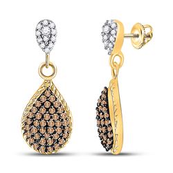 1/2 CTW Womens Round Brown Diamond Teardrop Dangle Earrings 10kt Yellow Gold - REF-21A8M