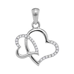 1/10 CTW Womens Round Diamond Double Heart Pendant 10kt White Gold - REF-9M5F