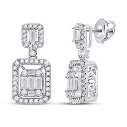 1 CTW Womens Baguette Diamond Rectangle Dangle Earrings 14kt White Gold - REF-115W8H