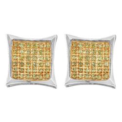 1/10 CTW Mens Round Yellow Color Enhanced Diamond Square Earrings 10kt White Gold - REF-10A3M