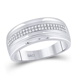 1/6 CTW Mens Round Pave-set Diamond Double Row Wedding Band Ring 10kt White Gold - REF-36R2X