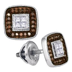 1/3 CTW Womens Round Brown Diamond Square Cluster Earrings 10kt White Gold - REF-24Y5N