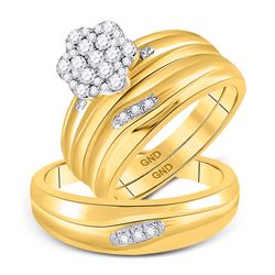 3/8 CTW His Hers Round Diamond Cluster Matching Wedding Set 10kt Yellow Gold - REF-51H2R