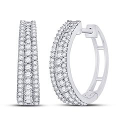 1 CTW Womens Round Diamond Fashion Tapered Hoop Earrings 14kt White Gold - REF-95M5F
