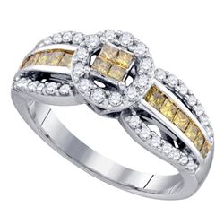 3/4 CTW Womens Princess Yellow Color Enhanced Diamond Cluster Ring 14kt White Gold - REF-57F3W
