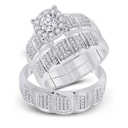 7/8 CTW His Hers Round Diamond Halo Matching Wedding Set 10kt White Gold - REF-99M2F