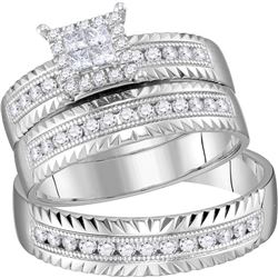 1/2 CTW His Hers Princess Diamond Cluster Matching Wedding Set 14kt White Gold - REF-119W2H