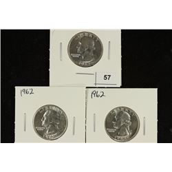 3-1962 WASHINGTON SILVER QUARTERS BRILLIANT UNC