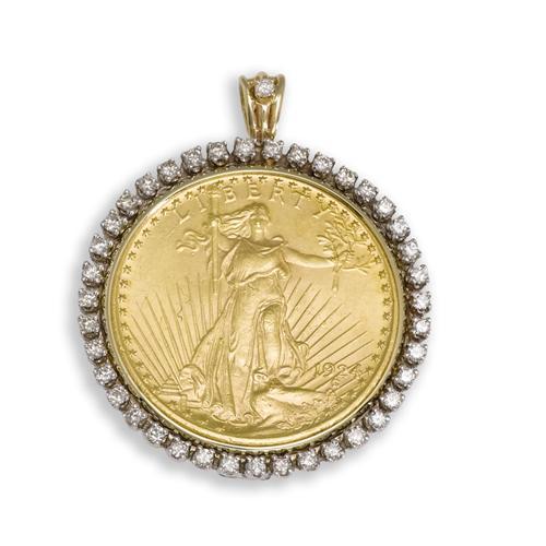 US 20 Gold Coin, Diamond, 14k Gold Pendant
