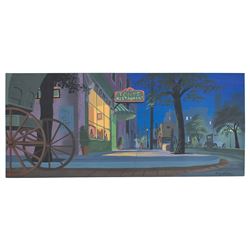 Eyvind Earle concept storyboard painting of Lady and Tramp from Lady and the Tramp
