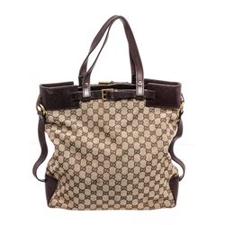 Gucci Brown GG Canvas Leather Buckle Tote Bag