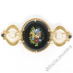 Vintage 14kt Yellow Gold Black Onyx Floral Mosaic Sapphire and Pearl Brooch Pin