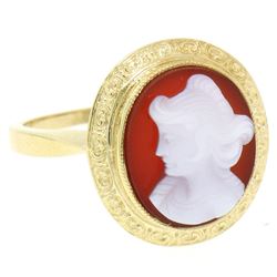 Vintage 14kt Yellow Gold Carved Shell Cameo Ring w/ Detailed Border